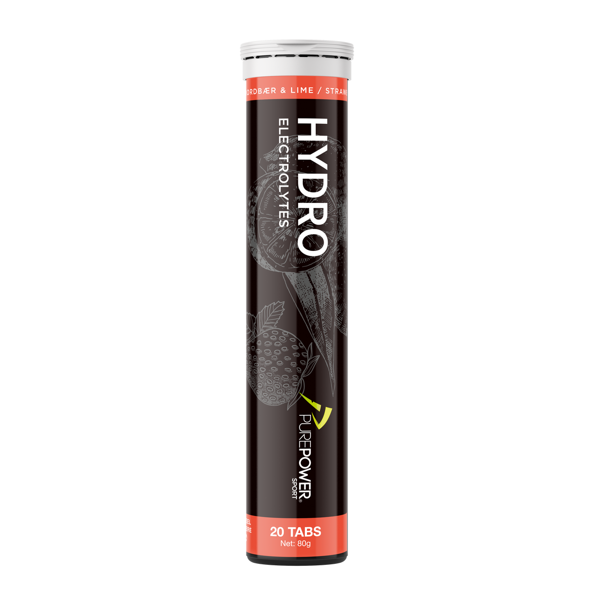 PurePower Hydro Jordbær/Lime elektrolyt-brusetabletter, 20 stk