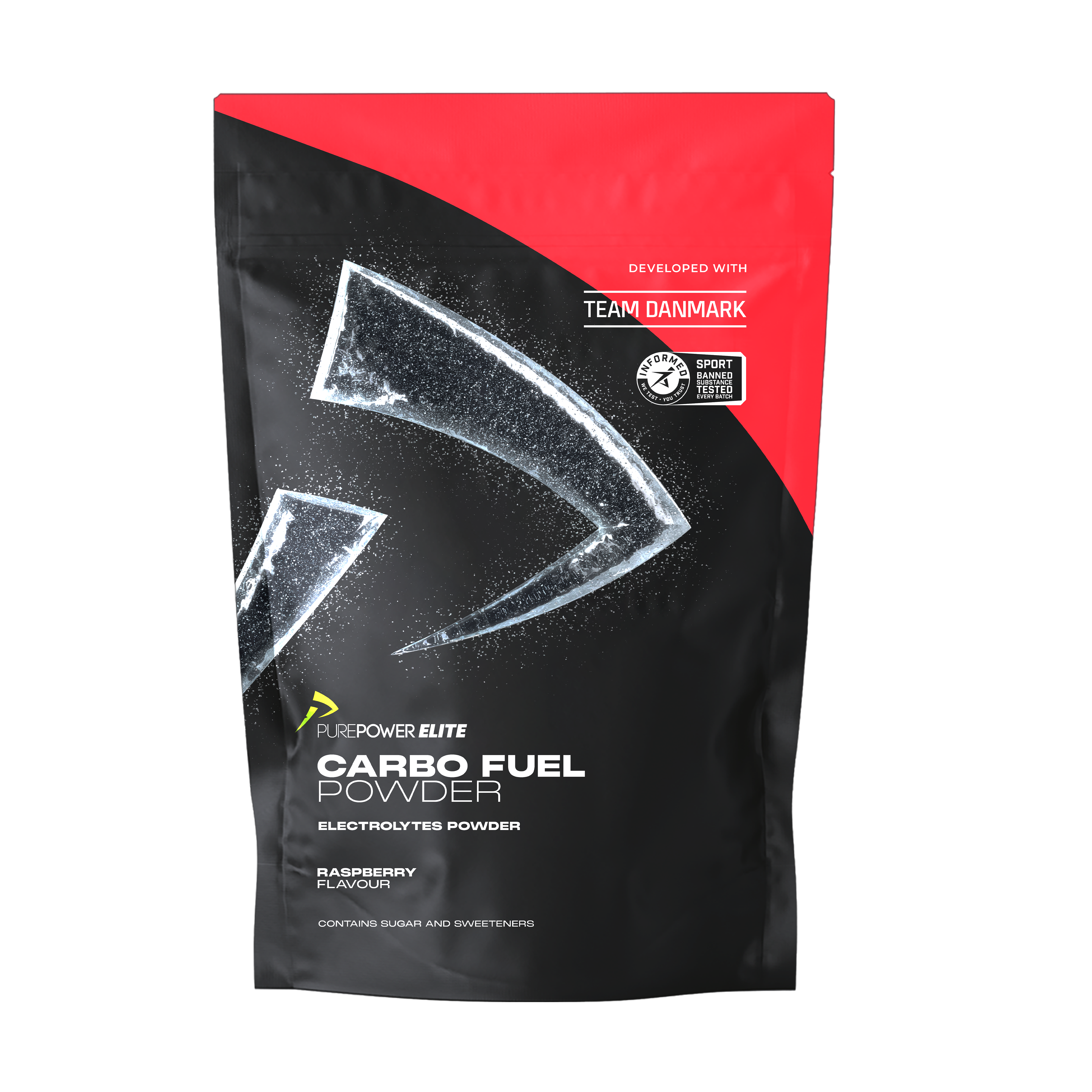 PurePower ELITE Carbo Fuel Powder Raspberry 1 kg pose med rød hindbær-grafik