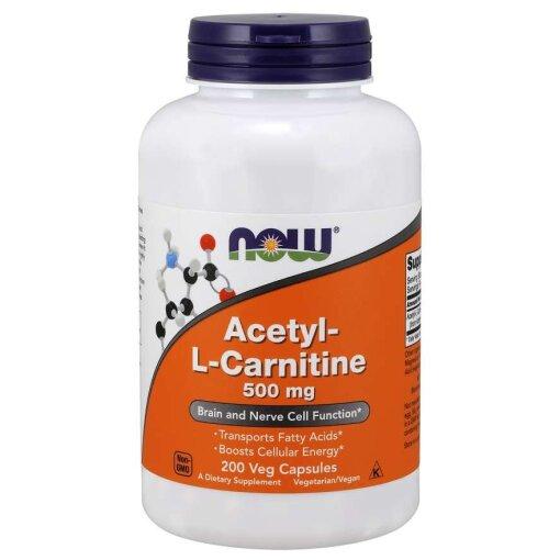 NOW Foods Acetyl-L-Carnitine 500 mg 200 vegetabilske kapsler i hvid dåse