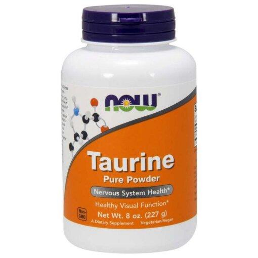 NOW Foods Taurine Pure Powder i hvid beholder med gult låg, 227 g