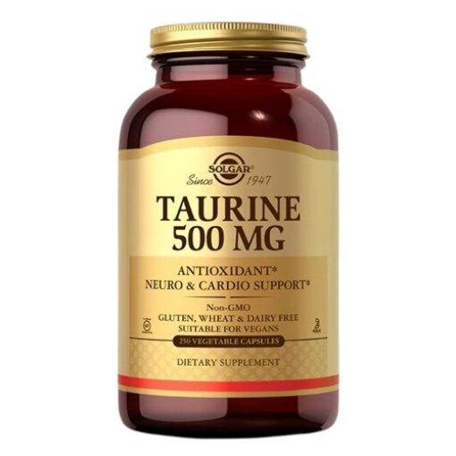 Solgar Taurin 500 mg i mørk glasflaske med 100 vegetabilske kapsler