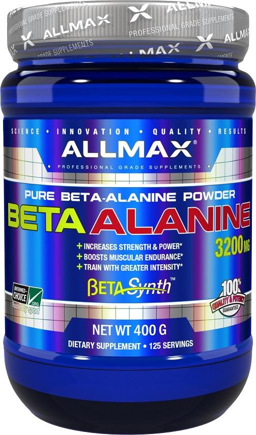 AllMax Nutrition Beta Alanin Pulver 400 g hvid beholder med blåt låg